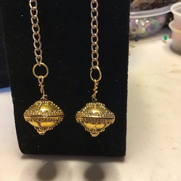 fish hook earwire earrings 5” long dangle earrings with gold metal chain ... GME - Picture 3 of 5